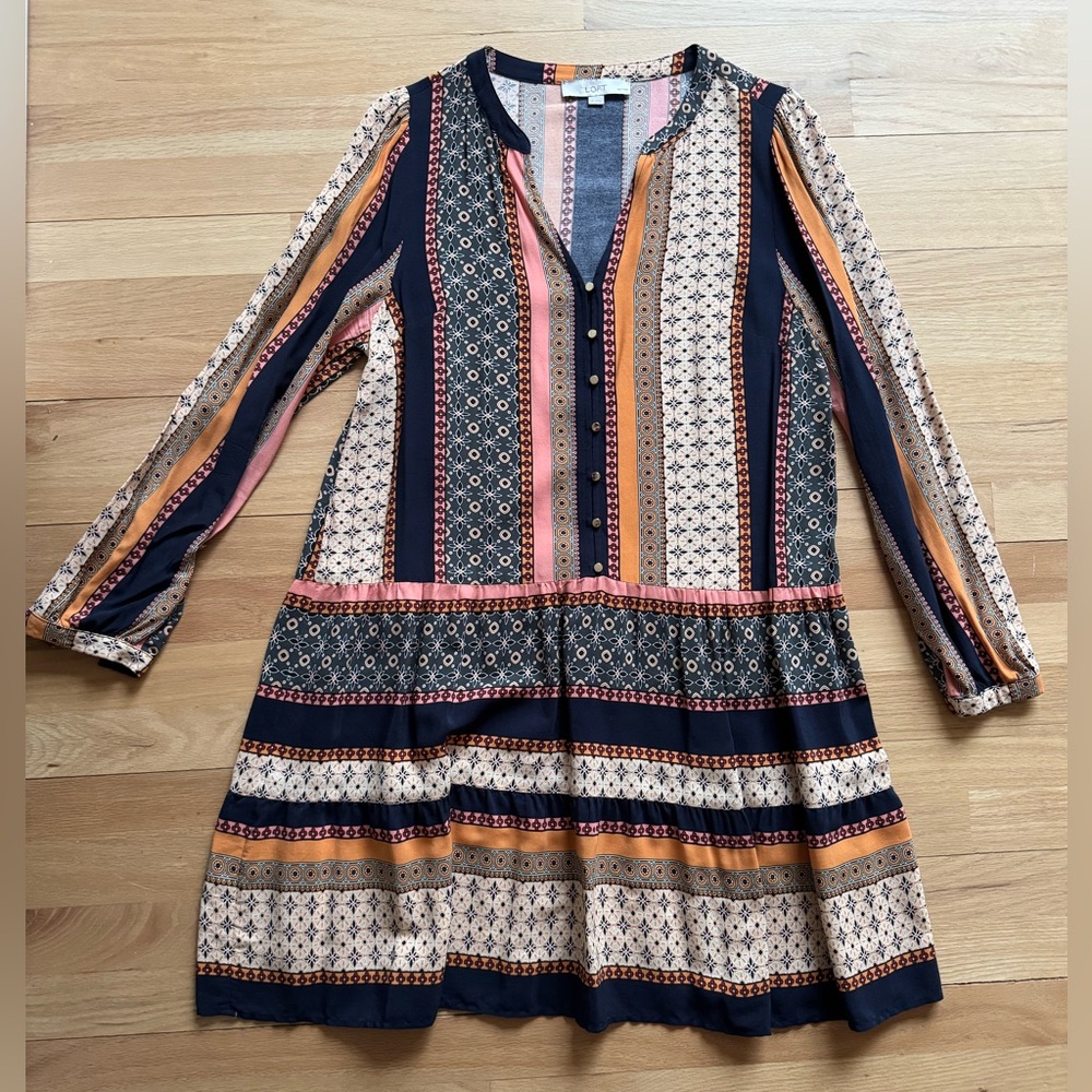 LOFT Drop Waist Stripe Dress.  Black & orange.  Size Medium Petite.